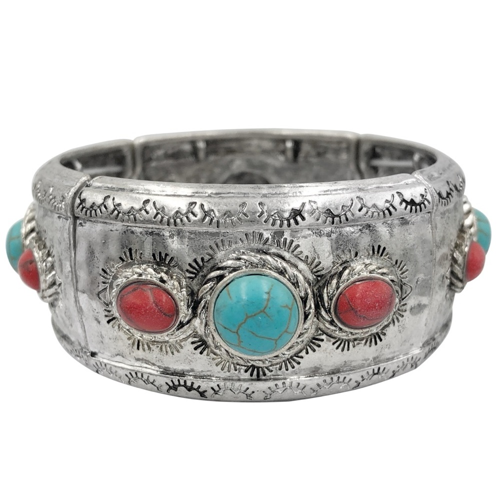 Chunky Wide Western Style Turquoise & Red Stone Silver Hammered Stretch Bracelet